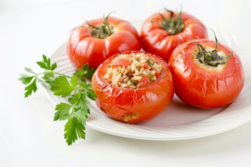 A studio shot of a plate of stuffed tomatoes on a white background