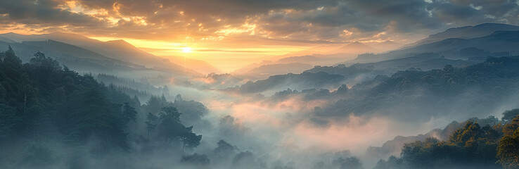 Sunrise over the mountains with heavy fog. Created with Ai - obrazy, fototapety, plakaty