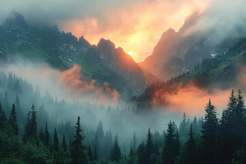 Beautiful landscape of mountain with sunset and fog. Created with Ai