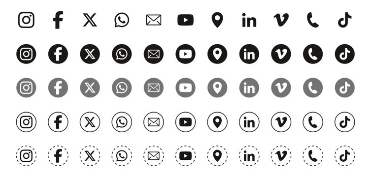 social media icons set. social media and network logo , , youtube, vimeo, tiktok, twitter, x, linkedin, whatsapp, facebook, instagram, icon logo - contact us icons call, message, location icon sign