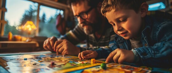 Close-up, family playing board games, camper van interior, evening, warm artificial light, engaged. - Powered by Adobe