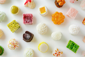 Fototapeta na wymiar A selection of exquisite Eastern sweets beautifully arranged on a white background