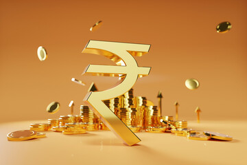 3D rendering Indian Rupee sign, Indian rupee sign and golden coin with arrow pointing upwards background, Financial and banking about house concept.
