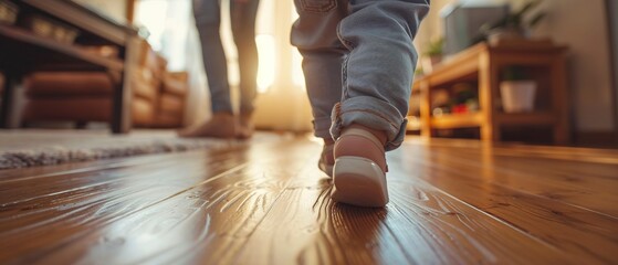 Baby's first steps, family watching, home setting, close-up, joyful, side angle, natural light. - obrazy, fototapety, plakaty