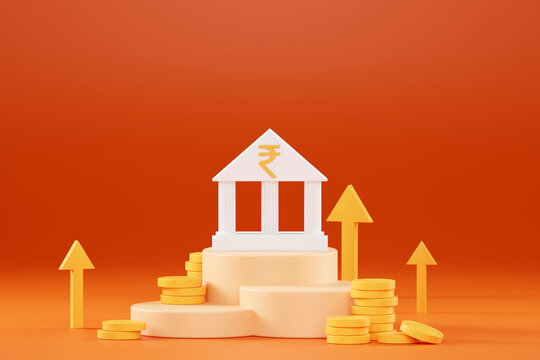 3D rendering Indian Rupee sign, ndian rupee sign and golden coin with arrow pointing upwards background, Financial and banking about house concept, Investment and financial success concept background.