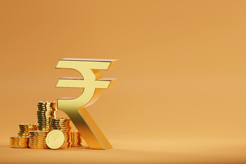 3D rendering Indian Rupee sign, Indian rupee sign and golden coin, Financial and banking about house concept, Investment and financial success concept background. - 761084942