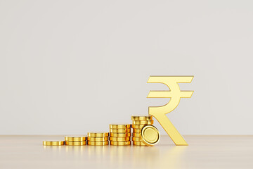 3D rendering Indian Rupee sign, indian rupee sign and golden coin, Financial and banking about house concept, Investment and financial success concept background. - 761085170