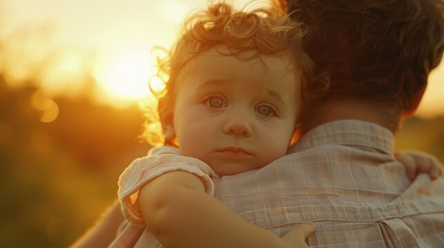 A toddler with chubby and bright eyes nestled in their parents arms as they both look out at the beautiful sunset in the background.