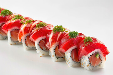 A delectable baked fish roll featuring layers of red and white fish