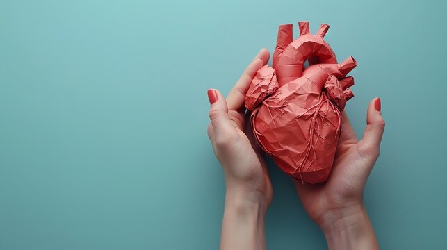 Top view of a hand holding a paper cut human heart against a blue backdrop with a big space for text or product, Generative AI.