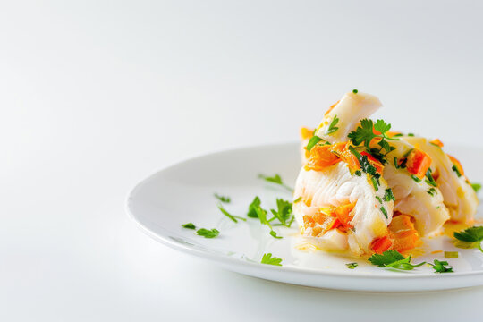 A delicious baked fish roulade, isolated on a white background