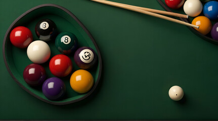 sports theme with billiards, a full set of billiard balls, cue, on a green background. top view, flat lay, copy space, snooker. generative.ai
