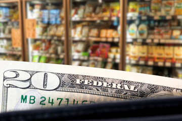 Wallets, dollars and shopping in the supermarket
