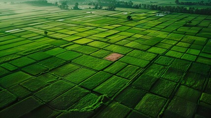 Aerial view of lush green paddy fields stretching to the horizon.