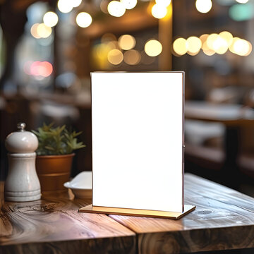 Mockup blank menu frame on wooden table on blurred restaurant background