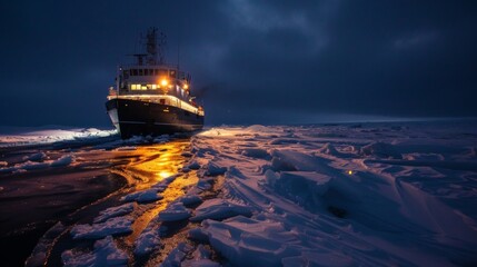 The ships navigation lights reflect off the icy surface giving the scene an ethereal glow.