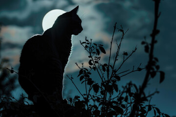 A cat, seen from behind, gazes at the moon in anticipation of nocturnal hunting
