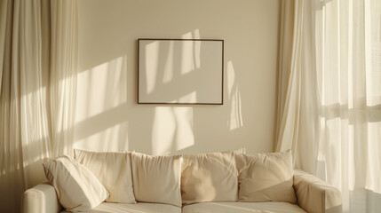 Scandinavian sofa and sheer curtains with frame poster mockup on white wall - obrazy, fototapety, plakaty