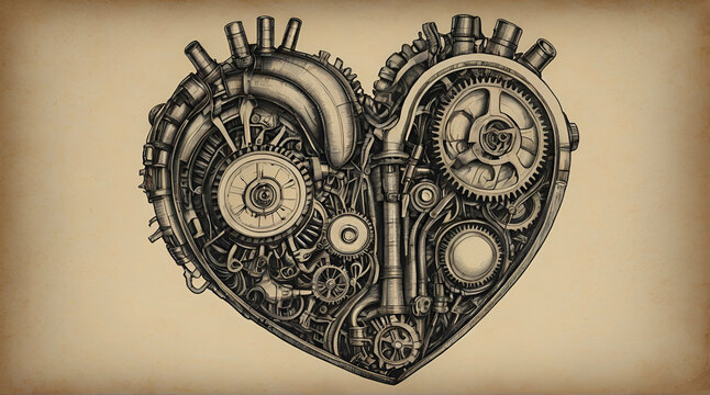 Ink or pencil drawing of mechanical human heart on paper. Retro vintage, pop-art, steam punk style. Generative.AI
