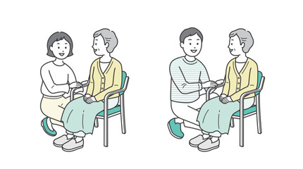 椅子に座る高齢女性と介助をする若い男女のイラストセット
