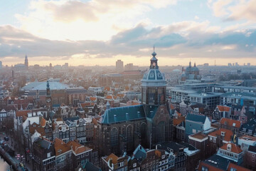 Fototapeta na wymiar Famous architectural landmarks of Amsterdam captured from a drone
