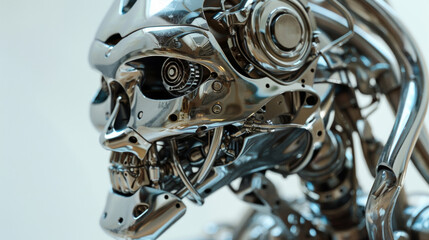 The closeup of robotic sculpture highlights the contrast between the smooth polished surface and the rugged industriallooking parts that make up its inner workings. The