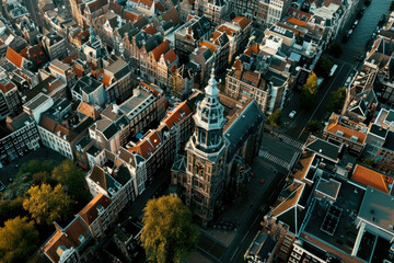 Famous architectural landmarks of Amsterdam captured from a drone