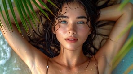 Up view of a gorgeous bikini-wearing woman relaxing on a palm leaf on the beach and enjoying the summertime vibe of travel and leisure looking at camera, Generative AI.