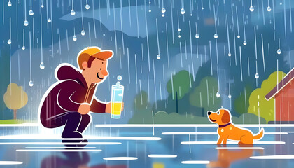 A cartoon illustration of a man and dog playing in the rain with colorful water droplets