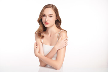 Fototapeta premium Beautiful young woman with clean fresh skin on white background, Face care, Facial treatment, Cosmetology, beauty and spa, women portrait.