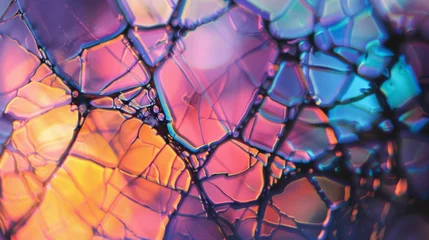 Foto op Canvas An extreme closeup of an electrochromic coating on a glass surface that has exposed to an electric current showcasing the complex web of patterns and colors within the © Justlight
