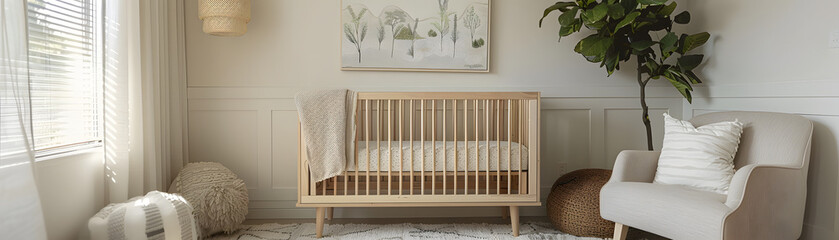 A warm and serene nursery room with a stylish wooden baby crib, cozy textures, and natural light. - obrazy, fototapety, plakaty