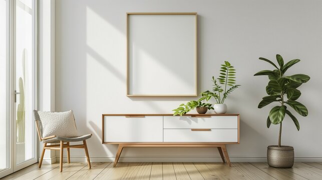 Frame mockup. Picture frame on wooden chest. Home interior design