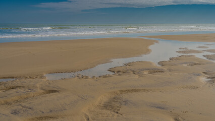 The low tide in the ocean. Puddles and rivulets of water are visible on the sand. The waves of the turquoise ocean roll towards the shore, foaming. Clouds in the blue sky. Madagascar. Morondava. 