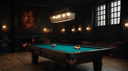 gaming room with neon light, billiard, created with. generative.AI