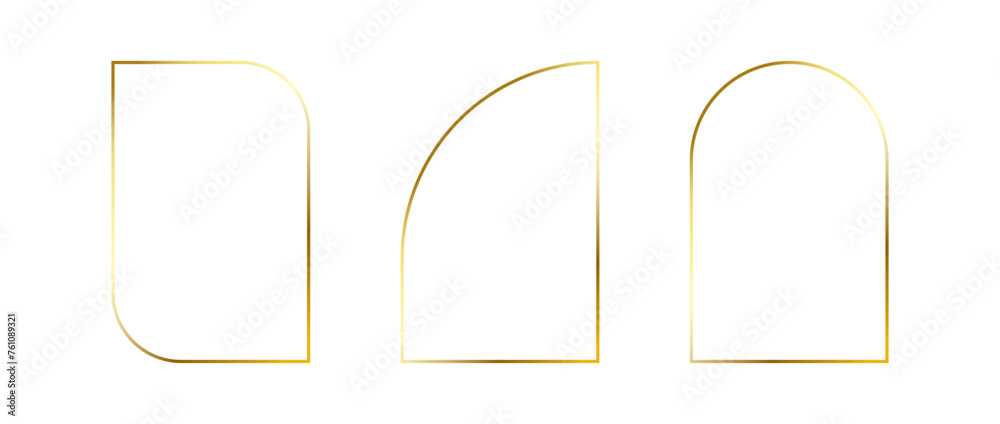Poster Golden thin frames set. Gold geometric borders in art deco style. Thin linear arch and curved shape collection. Yellow glowing shiny boarder element pack. Vector bundle for photo, cadre, decor, poster