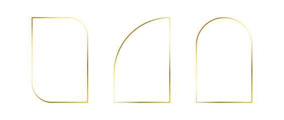Golden thin frames set. Gold geometric borders in art deco style. Thin linear arch and curved shape collection. Yellow glowing shiny boarder element pack. Vector bundle for photo, cadre, decor, poster - obrazy, fototapety, plakaty