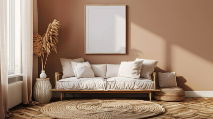 Minimalist living room with soft woven rug, comfortable linen sofa and empty mockup poster frames on the wall