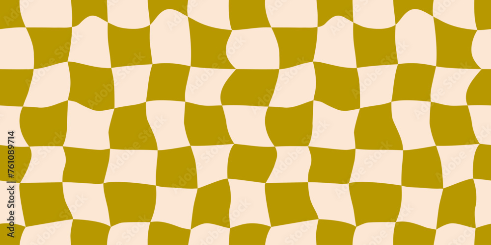 Poster Seamless green beige checkerboard pattern. Repeating distorted checkered texture. Groovy trippy abstract background. Vintage retro wallpaper for textile, fabric, wrapping paper. Vector check surface