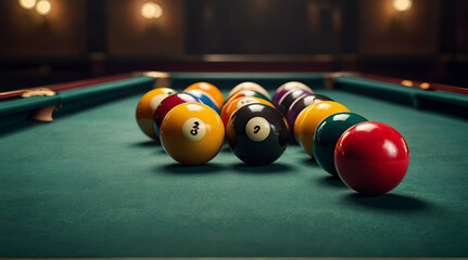 A billiard table with a triangle of pool balls ready for break. generative.ai