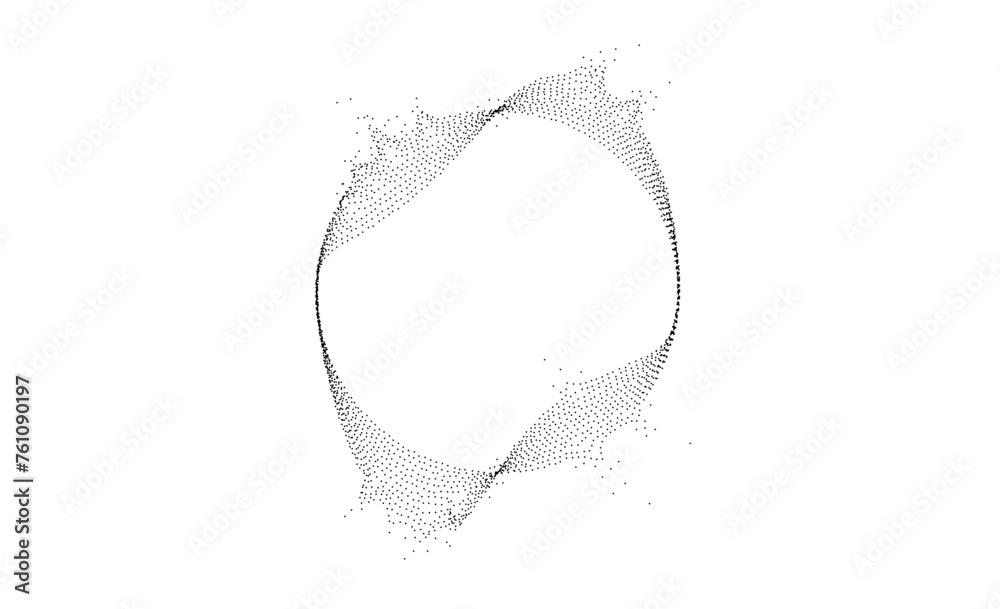 Poster Black dotted wavy lines with dissolve effect. Stipple disintegrating curved circle. Halftone textured sphere with noise grain. Round grunge particles or speckles. Dispersing dot work. Vector