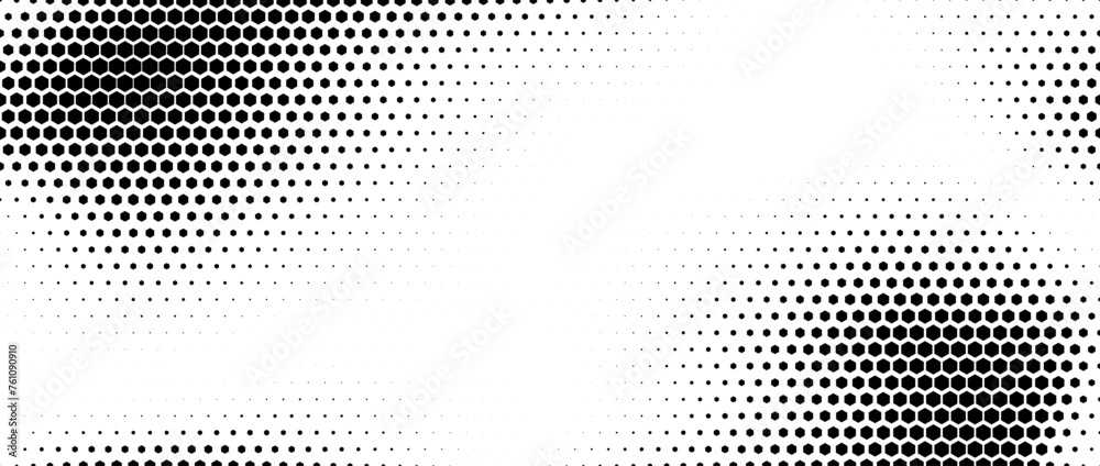 Poster Hexagon halftone gradient texture. Abstract black grunge background. Geometric retro halftone tech overlay. Fading wavy hexagonal pattern backdrop. Vector vanishing honeycomb grunge bitmap wallpaper