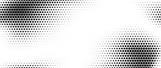 Hexagon halftone gradient texture. Abstract black grunge background. Geometric retro halftone tech overlay. Fading wavy hexagonal pattern backdrop. Vector vanishing honeycomb grunge bitmap wallpaper