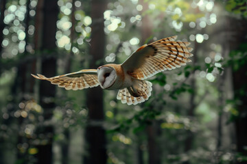 Barn Owl flying in forest wildlife scene