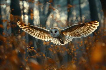 Barn Owl flying in forest wildlife scene