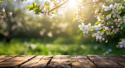 Blossoms on Wooden Table In Green Garden - Spring Season