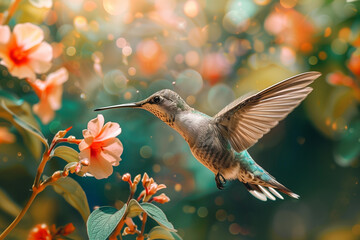 hummingbird sucking nectar from bloom in the forest - obrazy, fototapety, plakaty