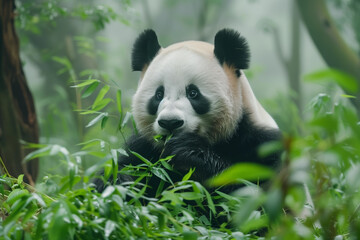 Cute giant panda eating bamboo - 761091119
