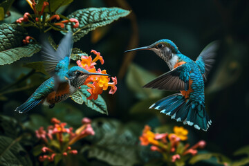 Naklejka premium hummingbird sucking nectar from bloom in the forest