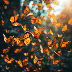 Flock of butterflies flies in forest with sun light